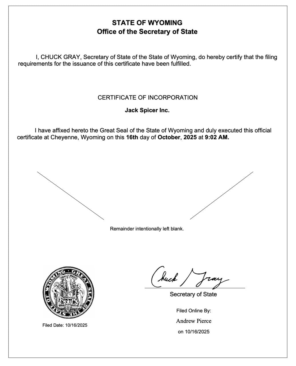 Jack Spicer Inc Certificate of Incorporation